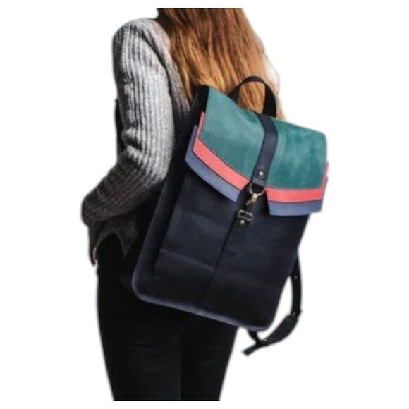 Leather Handmade Backpack Laptop Flap Closure Adjustable Clasp Unisex Brown - Picture 15 of 16